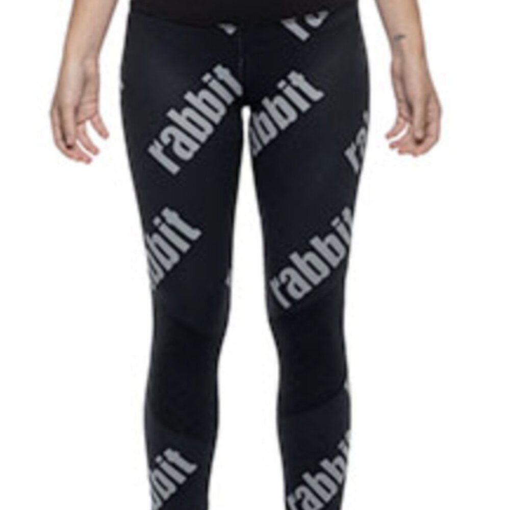 Run In Rabbit Black Gray All Over Logo Leggings Tights Extra Small XS Womens